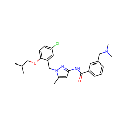 Cc1cc(NC(=O)c2cccc(CN(C)C)c2)nn1Cc1cc(Cl)ccc1OCC(C)C ZINC000040933762