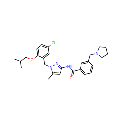 Cc1cc(NC(=O)c2cccc(CN3CCCC3)c2)nn1Cc1cc(Cl)ccc1OCC(C)C ZINC000040933776