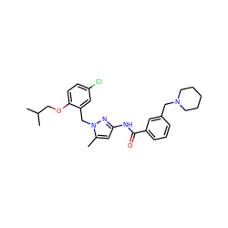 Cc1cc(NC(=O)c2cccc(CN3CCCCC3)c2)nn1Cc1cc(Cl)ccc1OCC(C)C ZINC000040420522