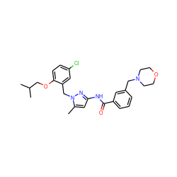 Cc1cc(NC(=O)c2cccc(CN3CCOCC3)c2)nn1Cc1cc(Cl)ccc1OCC(C)C ZINC000040936174