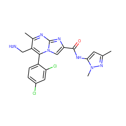 Cc1cc(NC(=O)c2cn3c(-c4ccc(Cl)cc4Cl)c(CN)c(C)nc3n2)n(C)n1 ZINC000058592621