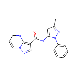 Cc1cc(NC(=O)c2cnn3cccnc23)n(-c2ccccc2)n1 ZINC000001056688