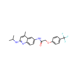 Cc1cc(NC(C)C)nc2ccc(NC(=O)COc3ccc(C(F)(F)F)cc3)cc12 ZINC000028376420