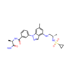 Cc1cc(NC[C@H](C)NS(=O)(=O)C2CC2)c2cnn(-c3cccc(C(=O)N[C@H](C)C(N)=O)c3)c2c1 ZINC000066066319