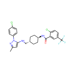 Cc1cc(NC[C@H]2CC[C@H](NC(=O)c3cc(C(F)(F)F)ccc3Cl)CC2)n(-c2ccc(Cl)cc2)n1 ZINC000261073470