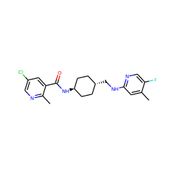 Cc1cc(NC[C@H]2CC[C@H](NC(=O)c3cc(Cl)cnc3C)CC2)ncc1F ZINC000261154304