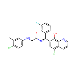 Cc1cc(NCC(=O)N[C@@H](c2cccc(F)c2)c2cc(Cl)c3cccnc3c2O)ccc1Cl ZINC000040914600