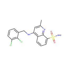 Cc1cc(NCc2cccc(Cl)c2Cl)c2cccc(S(N)(=O)=O)c2n1 ZINC000473093340