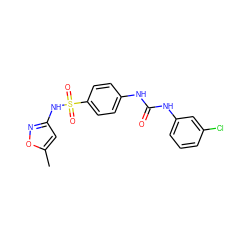 Cc1cc(NS(=O)(=O)c2ccc(NC(=O)Nc3cccc(Cl)c3)cc2)no1 ZINC000000815687