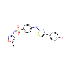 Cc1cc(NS(=O)(=O)c2ccc(Nc3nc(-c4ccc(O)cc4)cs3)cc2)no1 ZINC000002860959