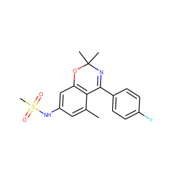 Cc1cc(NS(C)(=O)=O)cc2c1C(c1ccc(F)cc1)=NC(C)(C)O2 ZINC000043202691