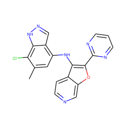 Cc1cc(Nc2c(-c3ncccn3)oc3cnccc23)c2cn[nH]c2c1Cl ZINC000066074453