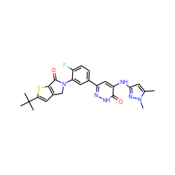 Cc1cc(Nc2cc(-c3ccc(F)c(N4Cc5cc(C(C)(C)C)sc5C4=O)c3)n[nH]c2=O)nn1C ZINC000199974344