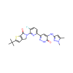 Cc1cc(Nc2cc(-c3ccc(F)c(N4Cc5cc(C(C)(C)C)sc5C4=O)n3)n[nH]c2=O)nn1C ZINC000199975954