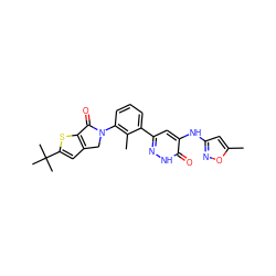 Cc1cc(Nc2cc(-c3cccc(N4Cc5cc(C(C)(C)C)sc5C4=O)c3C)n[nH]c2=O)no1 ZINC000199975866