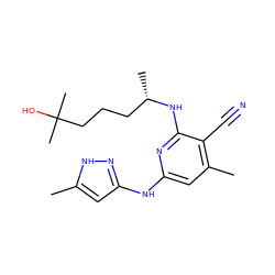 Cc1cc(Nc2cc(C)c(C#N)c(N[C@@H](C)CCCC(C)(C)O)n2)n[nH]1 ZINC000071295347