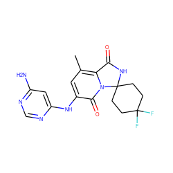 Cc1cc(Nc2cc(N)ncn2)c(=O)n2c1C(=O)NC21CCC(F)(F)CC1 ZINC001772637356