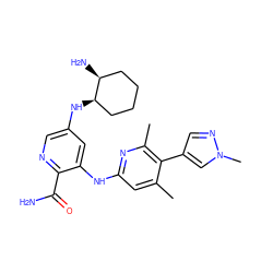 Cc1cc(Nc2cc(N[C@@H]3CCCC[C@@H]3N)cnc2C(N)=O)nc(C)c1-c1cnn(C)c1 ZINC000299863143