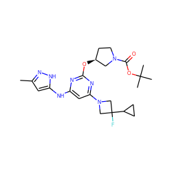 Cc1cc(Nc2cc(N3CC(F)(C4CC4)C3)nc(O[C@H]3CCN(C(=O)OC(C)(C)C)C3)n2)[nH]n1 ZINC000034997475