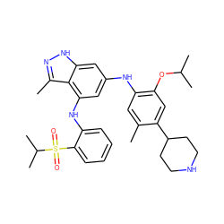 Cc1cc(Nc2cc(Nc3ccccc3S(=O)(=O)C(C)C)c3c(C)n[nH]c3c2)c(OC(C)C)cc1C1CCNCC1 ZINC000096177912
