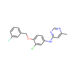 Cc1cc(Nc2ccc(OCc3cccc(F)c3)c(Cl)c2)ncn1 ZINC000066075496