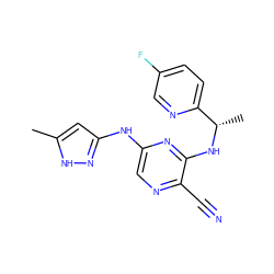 Cc1cc(Nc2cnc(C#N)c(N[C@@H](C)c3ccc(F)cn3)n2)n[nH]1 ZINC000045256590