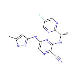 Cc1cc(Nc2cnc(C#N)c(N[C@@H](C)c3ncc(F)cn3)n2)n[nH]1 ZINC000045258096