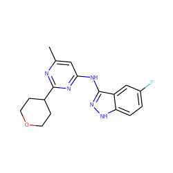 Cc1cc(Nc2n[nH]c3ccc(F)cc23)nc(C2CCOCC2)n1 ZINC000140820593