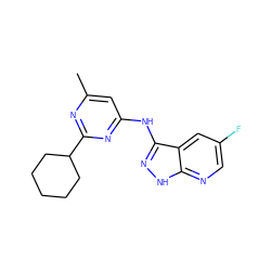 Cc1cc(Nc2n[nH]c3ncc(F)cc23)nc(C2CCCCC2)n1 ZINC000043199897