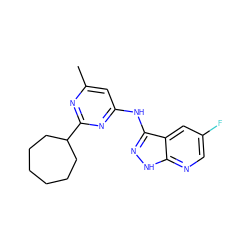 Cc1cc(Nc2n[nH]c3ncc(F)cc23)nc(C2CCCCCC2)n1 ZINC000043199898