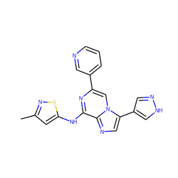 Cc1cc(Nc2nc(-c3cccnc3)cn3c(-c4cn[nH]c4)cnc23)sn1 ZINC000072111210