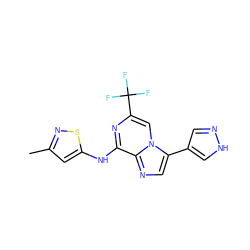 Cc1cc(Nc2nc(C(F)(F)F)cn3c(-c4cn[nH]c4)cnc23)sn1 ZINC000072107593