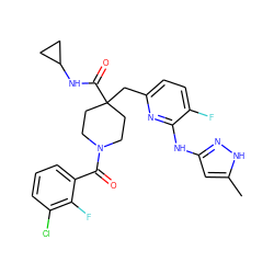 Cc1cc(Nc2nc(CC3(C(=O)NC4CC4)CCN(C(=O)c4cccc(Cl)c4F)CC3)ccc2F)n[nH]1 ZINC000261125721