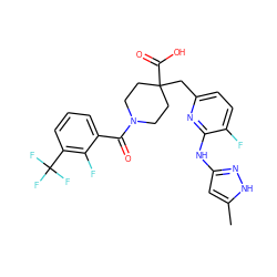 Cc1cc(Nc2nc(CC3(C(=O)O)CCN(C(=O)c4cccc(C(F)(F)F)c4F)CC3)ccc2F)n[nH]1 ZINC000261101113