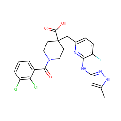 Cc1cc(Nc2nc(CC3(C(=O)O)CCN(C(=O)c4cccc(Cl)c4Cl)CC3)ccc2F)n[nH]1 ZINC000205580816