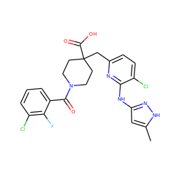 Cc1cc(Nc2nc(CC3(C(=O)O)CCN(C(=O)c4cccc(Cl)c4F)CC3)ccc2Cl)n[nH]1 ZINC000261154179