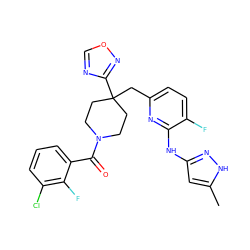 Cc1cc(Nc2nc(CC3(c4ncon4)CCN(C(=O)c4cccc(Cl)c4F)CC3)ccc2F)n[nH]1 ZINC000261082601