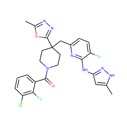 Cc1cc(Nc2nc(CC3(c4nnc(C)o4)CCN(C(=O)c4cccc(Cl)c4F)CC3)ccc2F)n[nH]1 ZINC000261126366