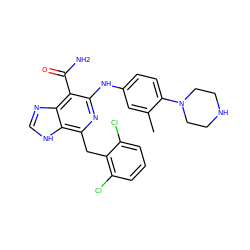 Cc1cc(Nc2nc(Cc3c(Cl)cccc3Cl)c3[nH]cnc3c2C(N)=O)ccc1N1CCNCC1 ZINC000200851836