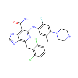 Cc1cc(Nc2nc(Cc3c(Cl)cccc3Cl)c3nc[nH]c3c2C(N)=O)c(F)cc1N1CCNCC1 ZINC000142352283