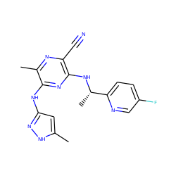 Cc1cc(Nc2nc(N[C@@H](C)c3ccc(F)cn3)c(C#N)nc2C)n[nH]1 ZINC000045256594