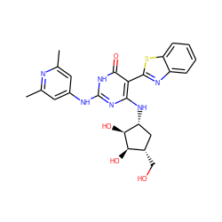 Cc1cc(Nc2nc(N[C@@H]3C[C@H](CO)[C@@H](O)[C@H]3O)c(-c3nc4ccccc4s3)c(=O)[nH]2)cc(C)n1 ZINC000473112605