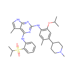 Cc1cc(Nc2nc(Nc3ccccc3S(=O)(=O)C(C)C)c3c(C)c[nH]c3n2)c(OC(C)C)cc1C1CCN(C)CC1 ZINC000096177941