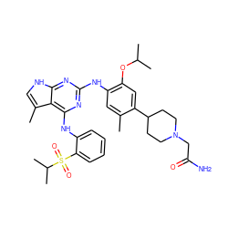 Cc1cc(Nc2nc(Nc3ccccc3S(=O)(=O)C(C)C)c3c(C)c[nH]c3n2)c(OC(C)C)cc1C1CCN(CC(N)=O)CC1 ZINC000096177940