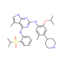 Cc1cc(Nc2nc(Nc3ccccc3S(=O)(=O)C(C)C)c3c(C)c[nH]c3n2)c(OC(C)C)cc1C1CCNCC1 ZINC000096177939