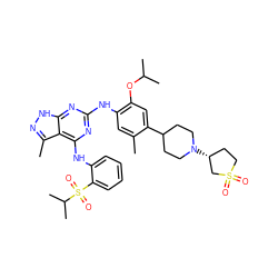 Cc1cc(Nc2nc(Nc3ccccc3S(=O)(=O)C(C)C)c3c(C)n[nH]c3n2)c(OC(C)C)cc1C1CCN([C@@H]2CCS(=O)(=O)C2)CC1 ZINC000096177934