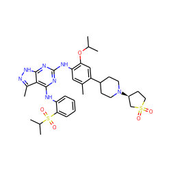 Cc1cc(Nc2nc(Nc3ccccc3S(=O)(=O)C(C)C)c3c(C)n[nH]c3n2)c(OC(C)C)cc1C1CCN([C@H]2CCS(=O)(=O)C2)CC1 ZINC000096177933