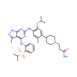 Cc1cc(Nc2nc(Nc3ccccc3S(=O)(=O)C(C)C)c3c(C)n[nH]c3n2)c(OC(C)C)cc1C1CCN(CCC(N)=O)CC1 ZINC000096177923