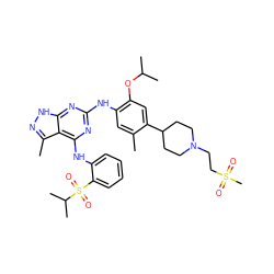 Cc1cc(Nc2nc(Nc3ccccc3S(=O)(=O)C(C)C)c3c(C)n[nH]c3n2)c(OC(C)C)cc1C1CCN(CCS(C)(=O)=O)CC1 ZINC000096177920