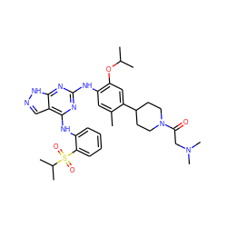 Cc1cc(Nc2nc(Nc3ccccc3S(=O)(=O)C(C)C)c3cn[nH]c3n2)c(OC(C)C)cc1C1CCN(C(=O)CN(C)C)CC1 ZINC000096177902